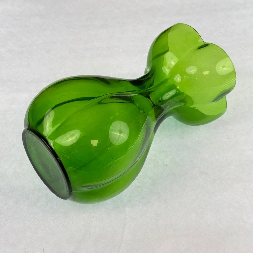 Vintage Emerald Green Art Glass Vase Four Lobed Rim Mid Century Modern